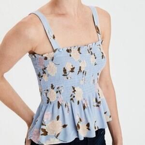 American Eagle Blue Floral Smocked Peplum Tank Top XS